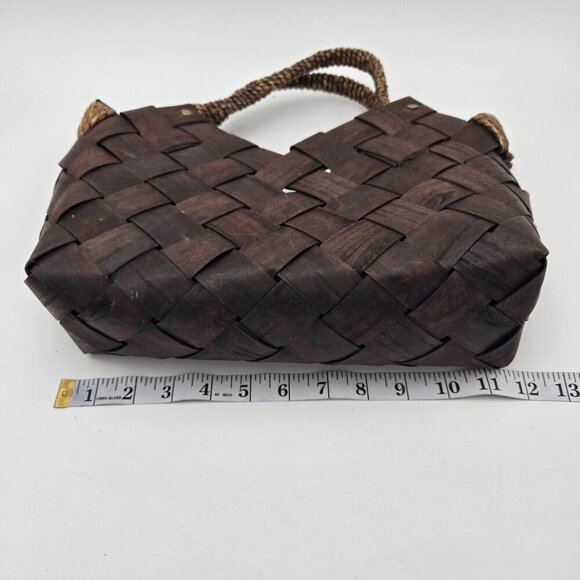 Dark Brown Wood Basket Weave Handbag Womens Medium Handles Coastal Cottagecore - Picture 10 of 14